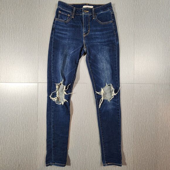 Levi's 721 High Rise Skinny Dark Wash Distressed Stretch Jeans Womens Size 26 - Picture 1 of 14